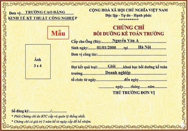 Mẫu chứng chỉ kế toán trưởng doanh nghiệp